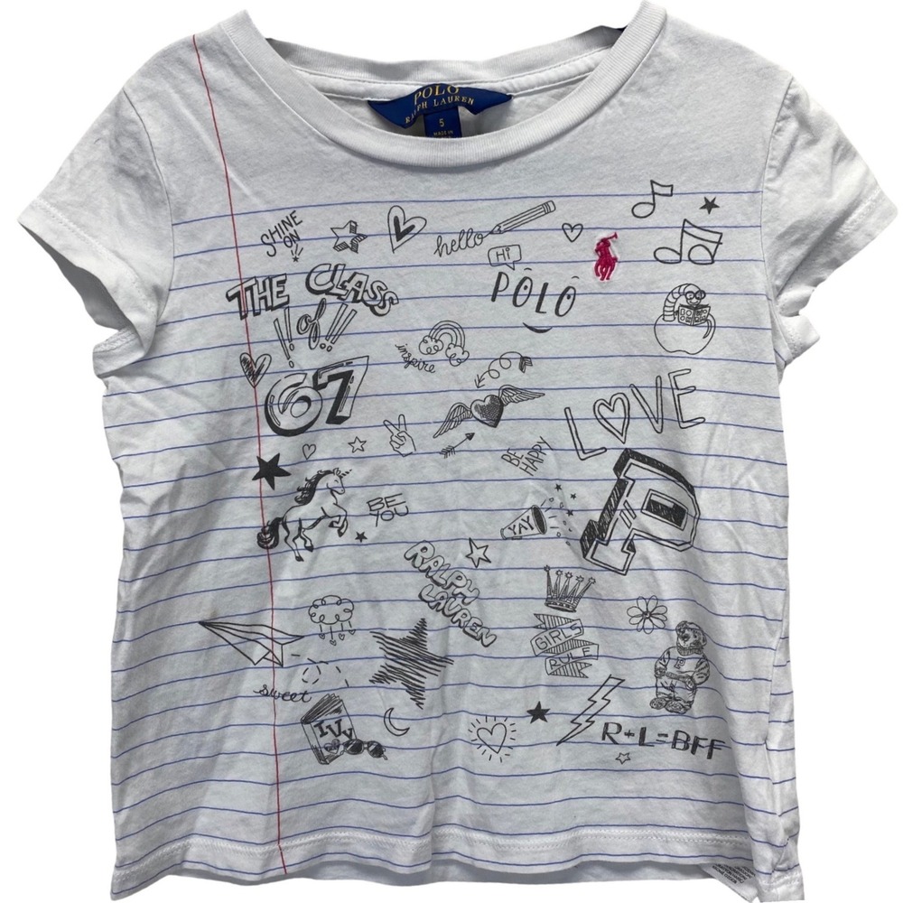 Polo‎ Ralph Lauren Kids White Doodle Lined Graphic T Shirt Size 5